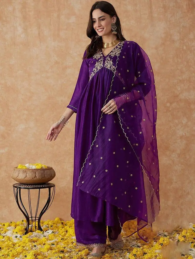Purple embroidery vichitra silk aliya cut kurta set with organza dupatta