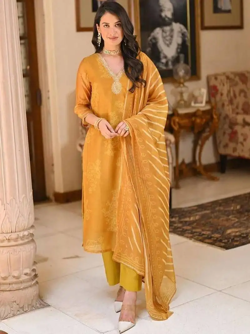 Mustard embroidery printed rayon straight kurta pant set with organza dupatta for women