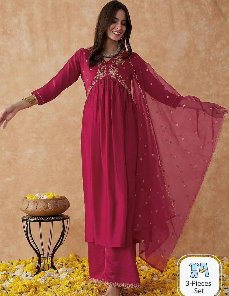 Pink embroidery vichitra silk aliya cut kurta set with organza dupatta