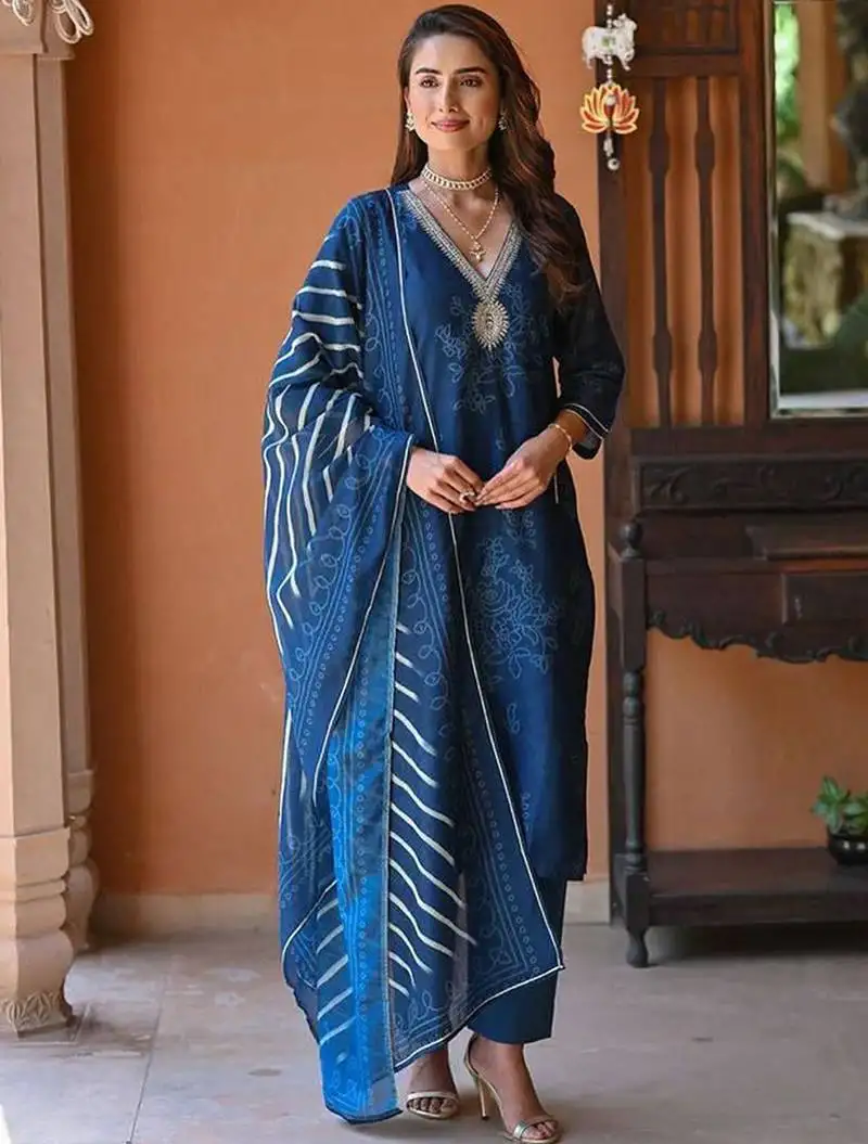 Blue embroidery printed rayon straight kurta pant set with organza dupatta for women