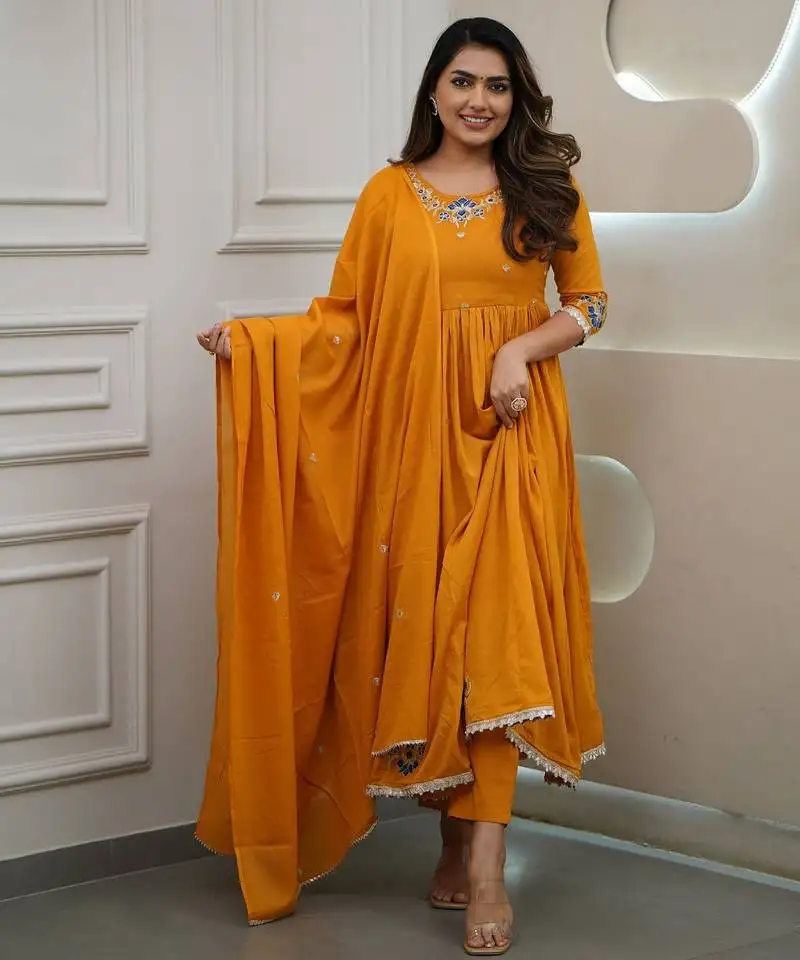 Mustard embroidery viscos anarkali kurta pant set with chanderi dupatta for women