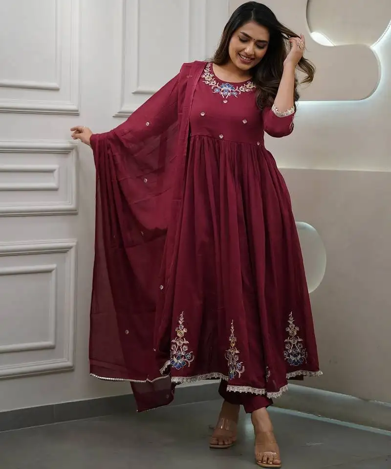 Maroon embroidery viscos anarkali kurta pant set with chanderi dupatta for women