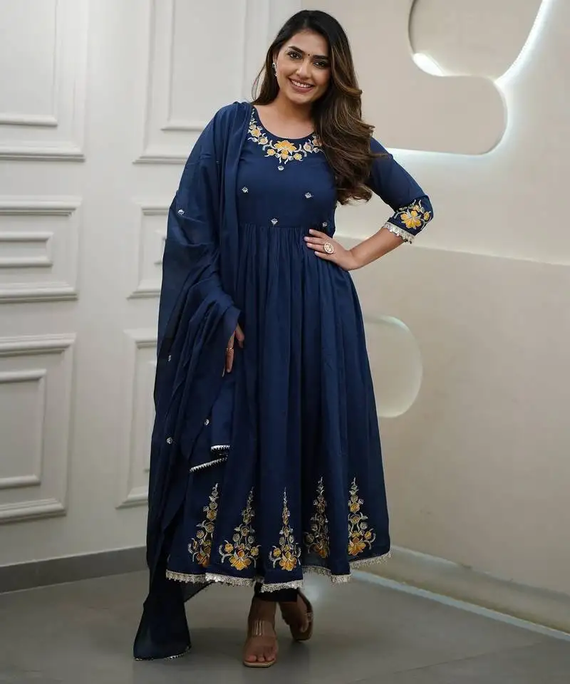 Dark blue embroidery viscos anarkali kurta pant set with chanderi dupatta for women