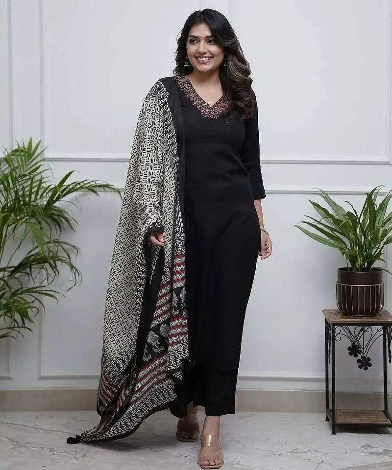 Black embroidery viscos straight kurta set with dupatta for women