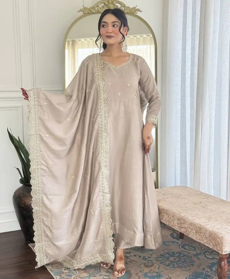 Cream embroidery vichitra silk anarkali kurta pant set with vichitra dupatta for women