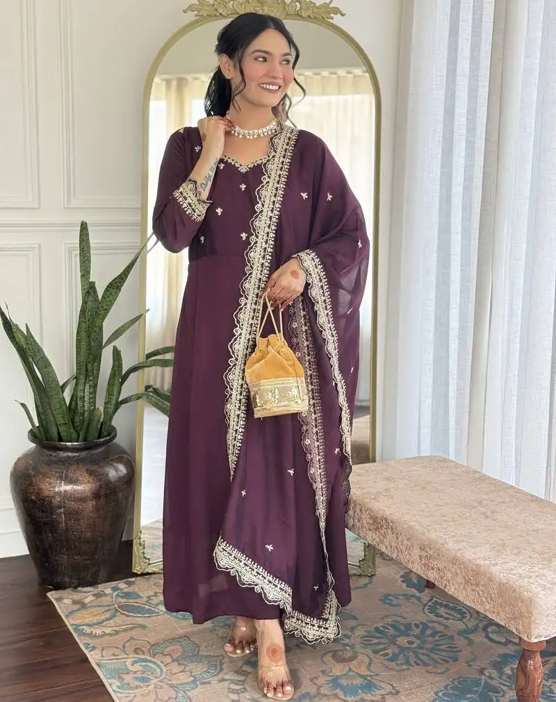 Purple embroidery vichitra silk anarkali kurta pant set with vichitra dupatta for women