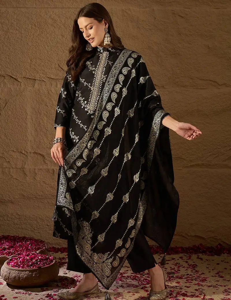 Women black silk blend floral foil printed straight kurta sets