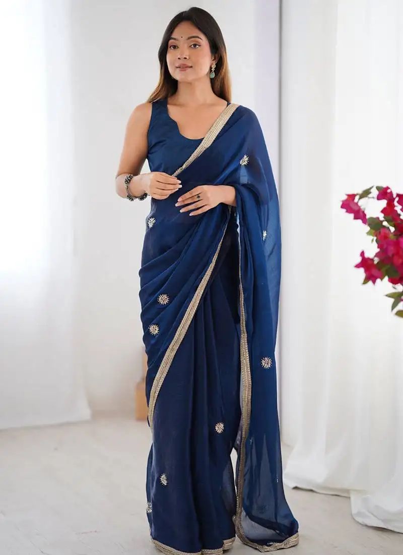 Blue chiffon lace work party wear saree