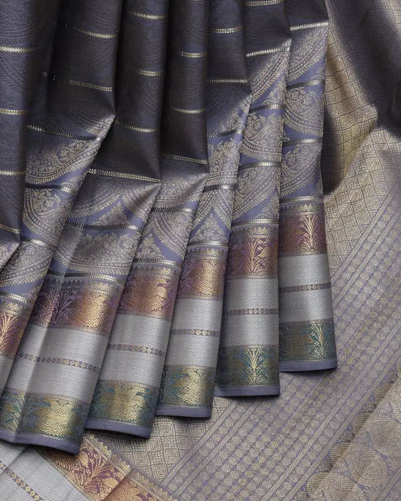 Grey pure kanchipuram silk saree with silk mark certified