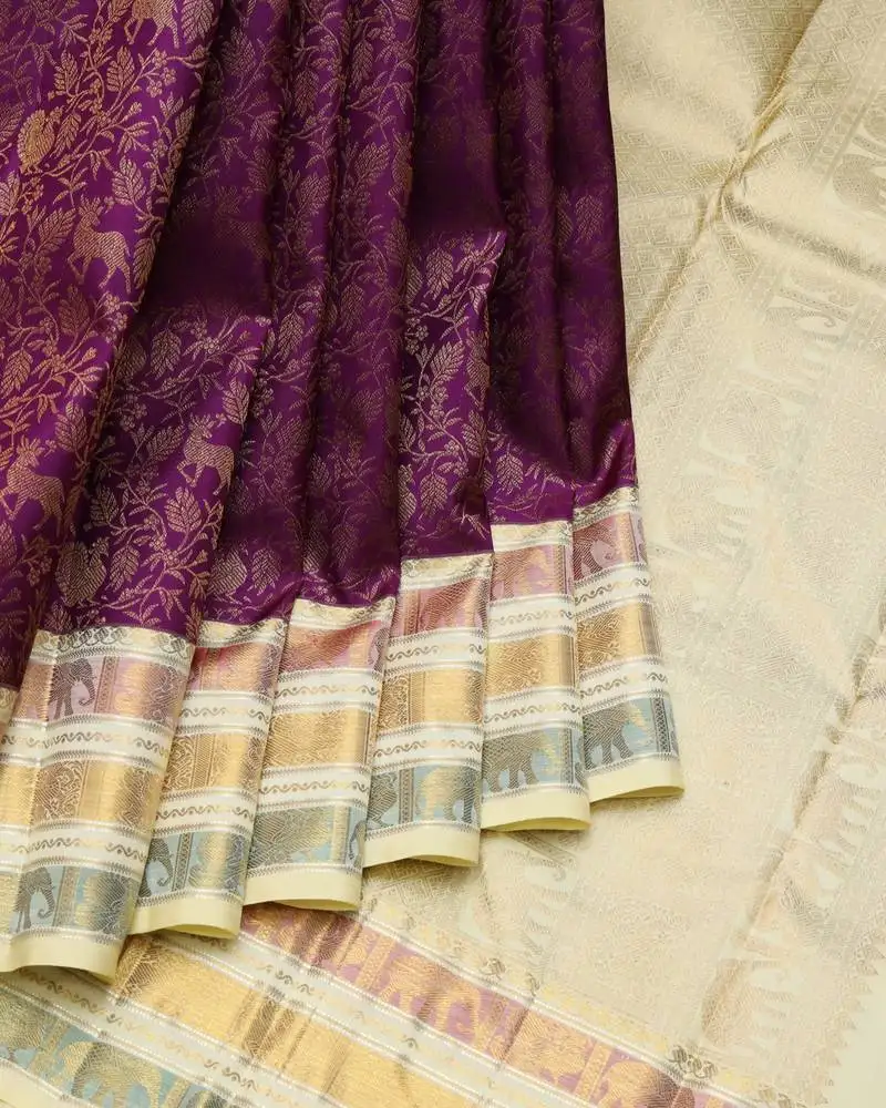 Purple and cream pure zari silk saree with silk mark certified