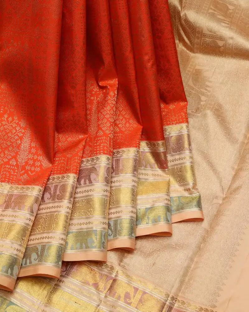 Orange and gold pure zari silk saree with silk mark certified