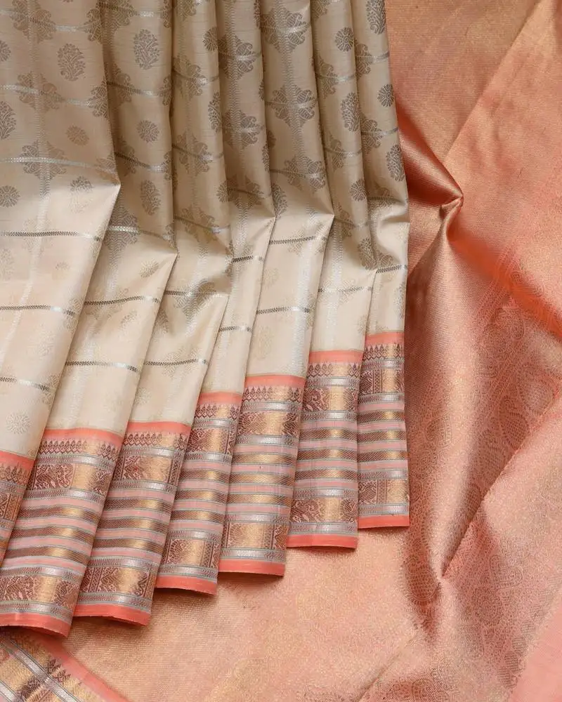 Cream and peach pure zari silk saree with silk mark certified