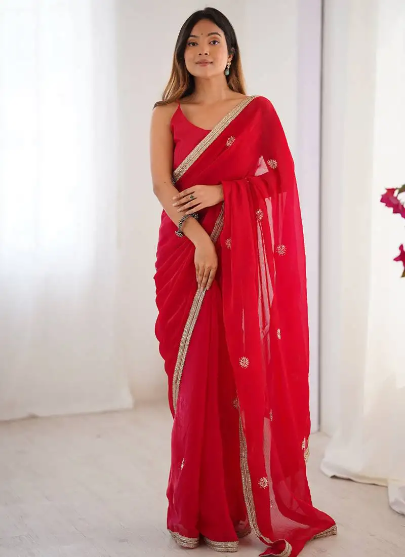 Red chiffon lace work party wear saree