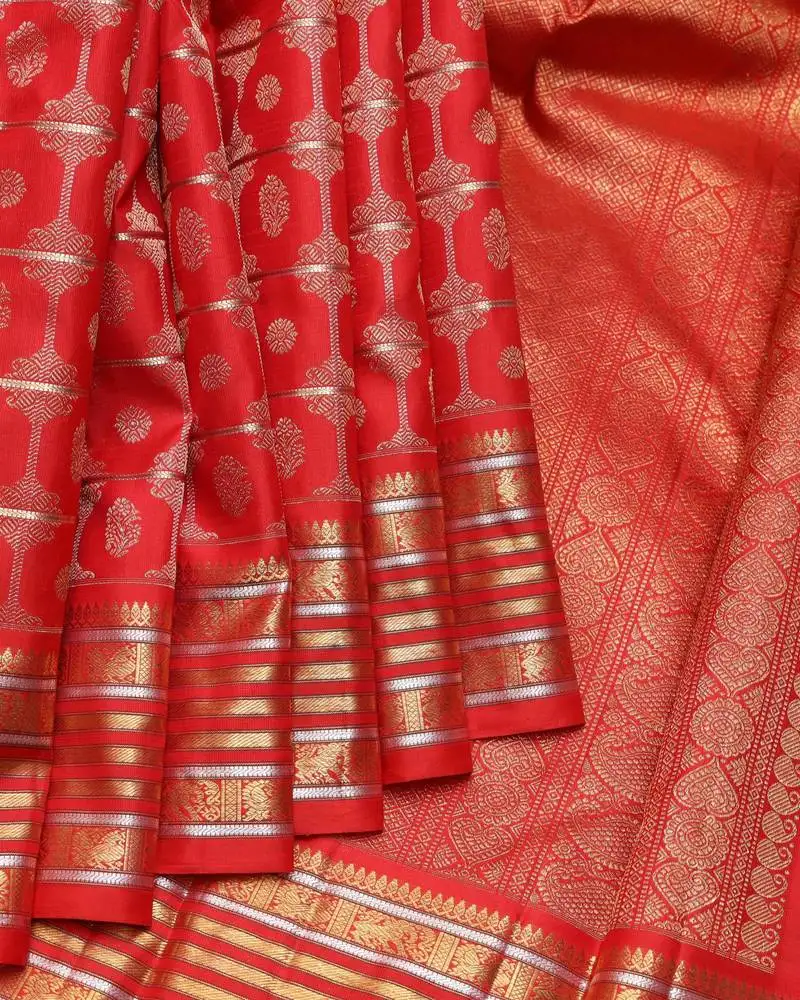 Scarlet red and gold pure zari silk saree with silk mark certified