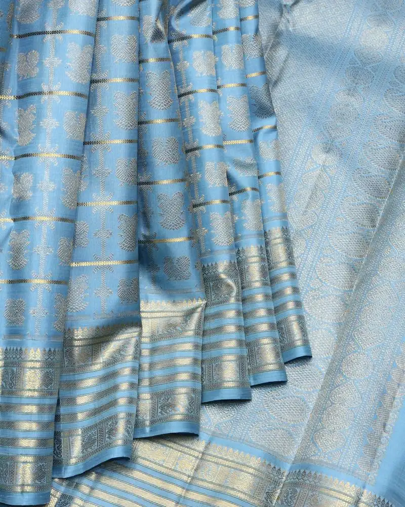 Steel blue pure zari silk saree with silk mark certified