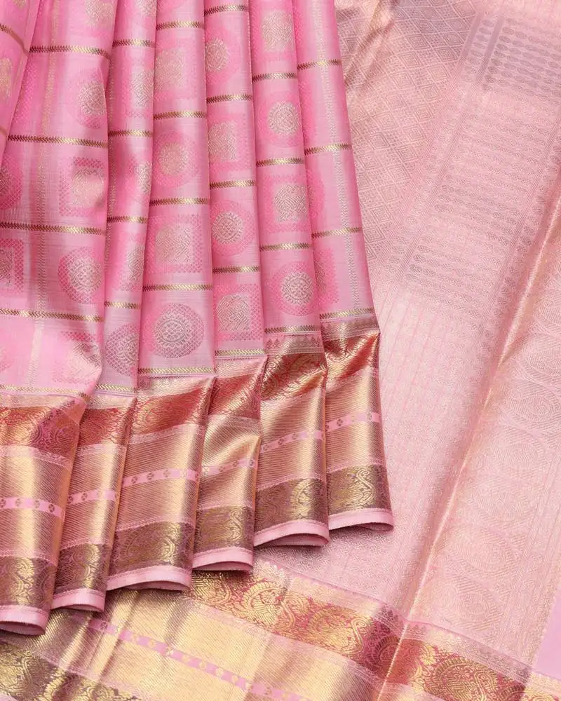 Pastel pink and gold pure zari silk saree with silk mark certified