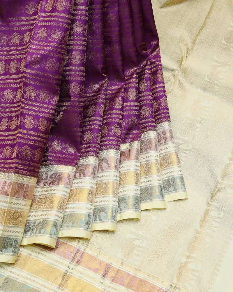 Purple and cream designer pure zari silk saree with silk mark certified
