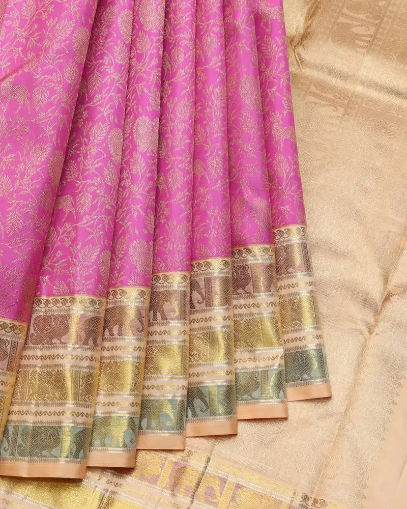 Pink and peach pure zari silk saree with silk mark certified