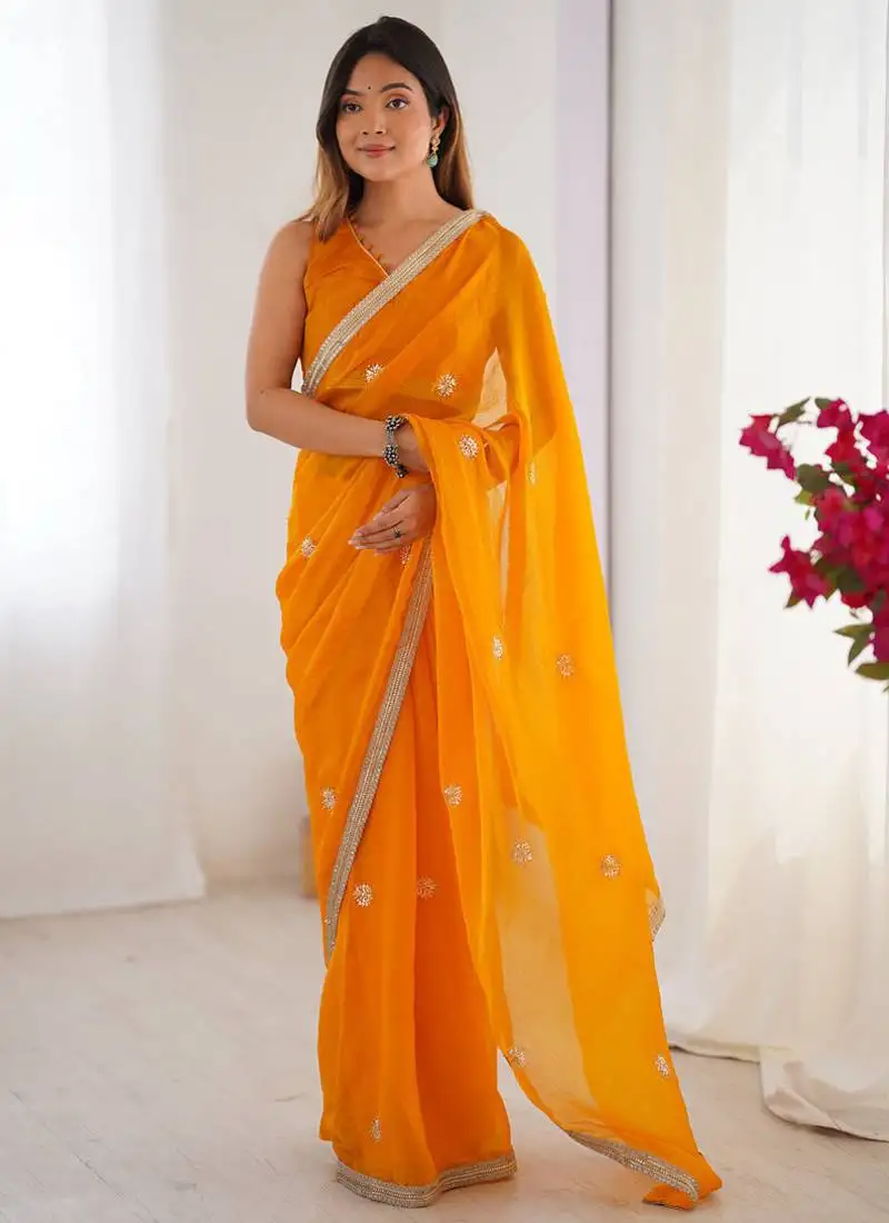 Yellow chiffon lace work party wear saree
