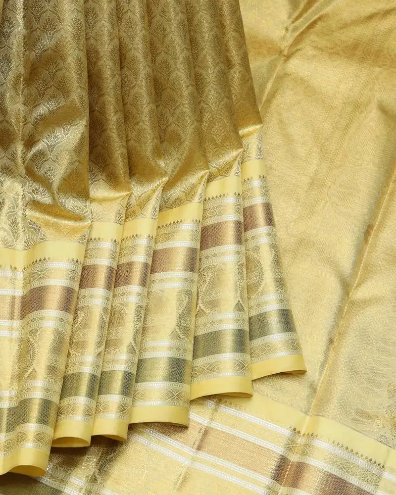Golden cream pure zari silk saree with silk mark certified