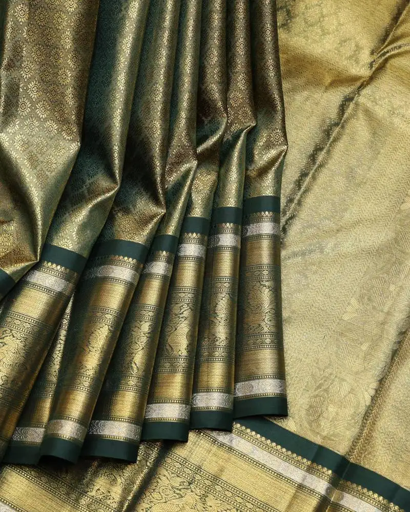 Forest green pure zari silk saree with silk mark certified
