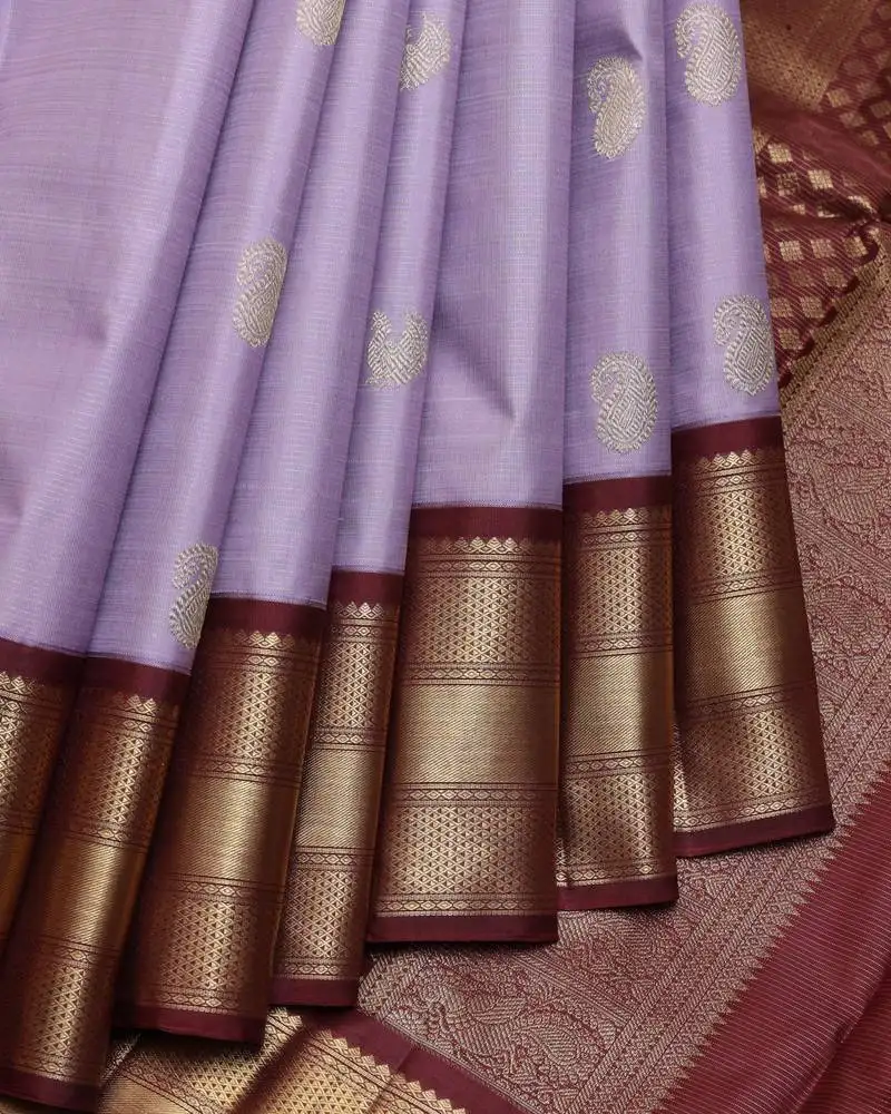 Lavender and maroon vairaoosi pure zari silk saree with silk mark certified