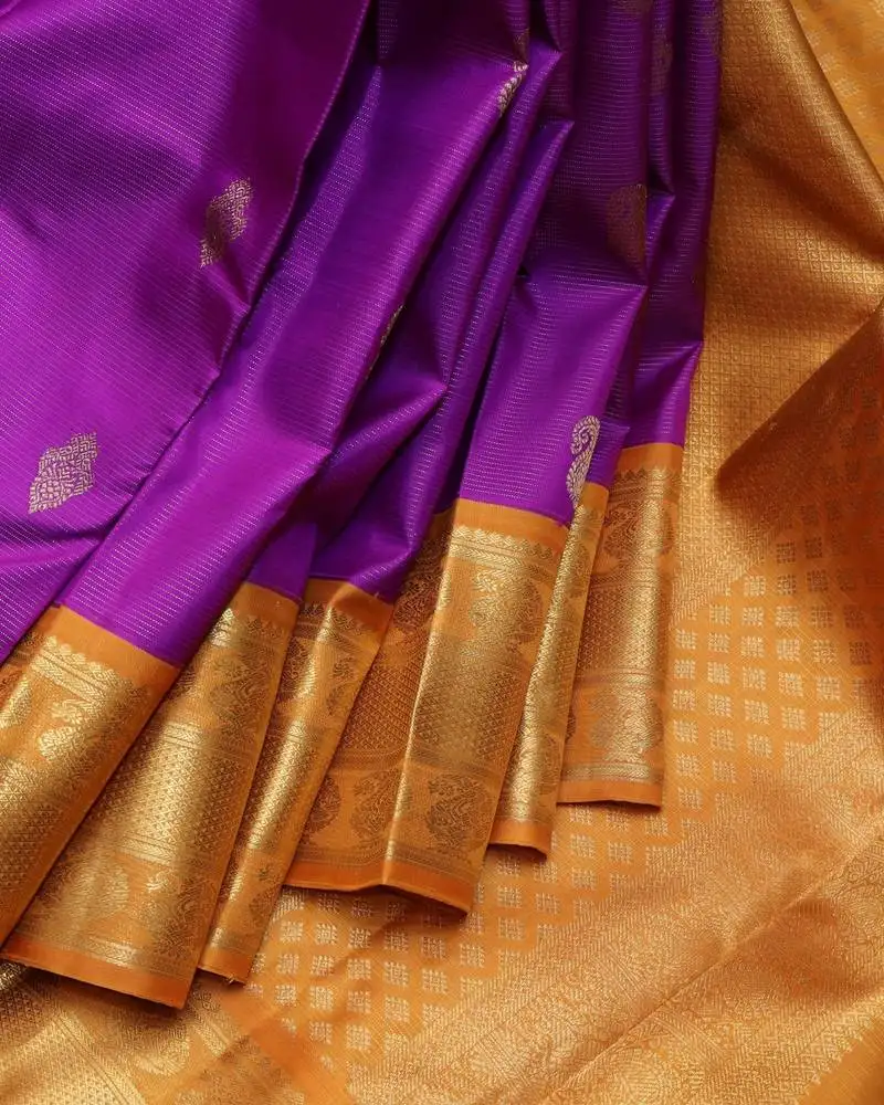Purple and mustard pure zari silk saree with silk mark certified