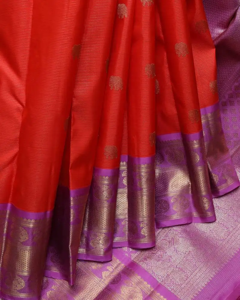 Red and lavender pure zari silk saree with silk mark certified