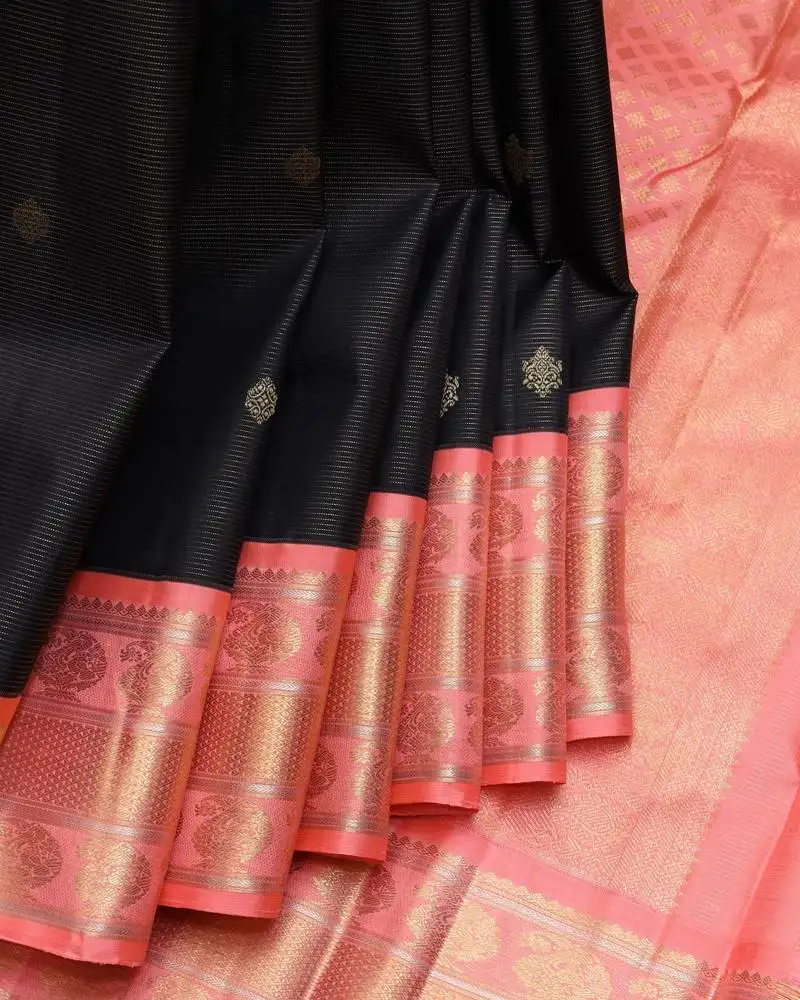 Black and peach pure zari silk saree with silk mark certified