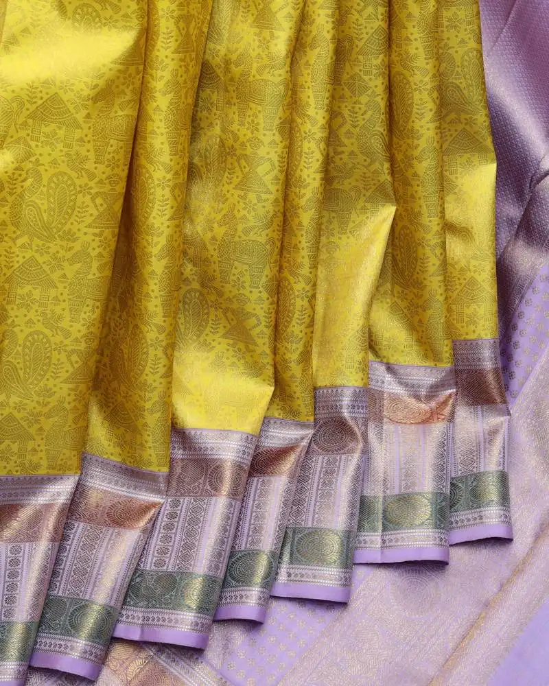 Yellow and lavender pure zari silk saree with silk mark certified