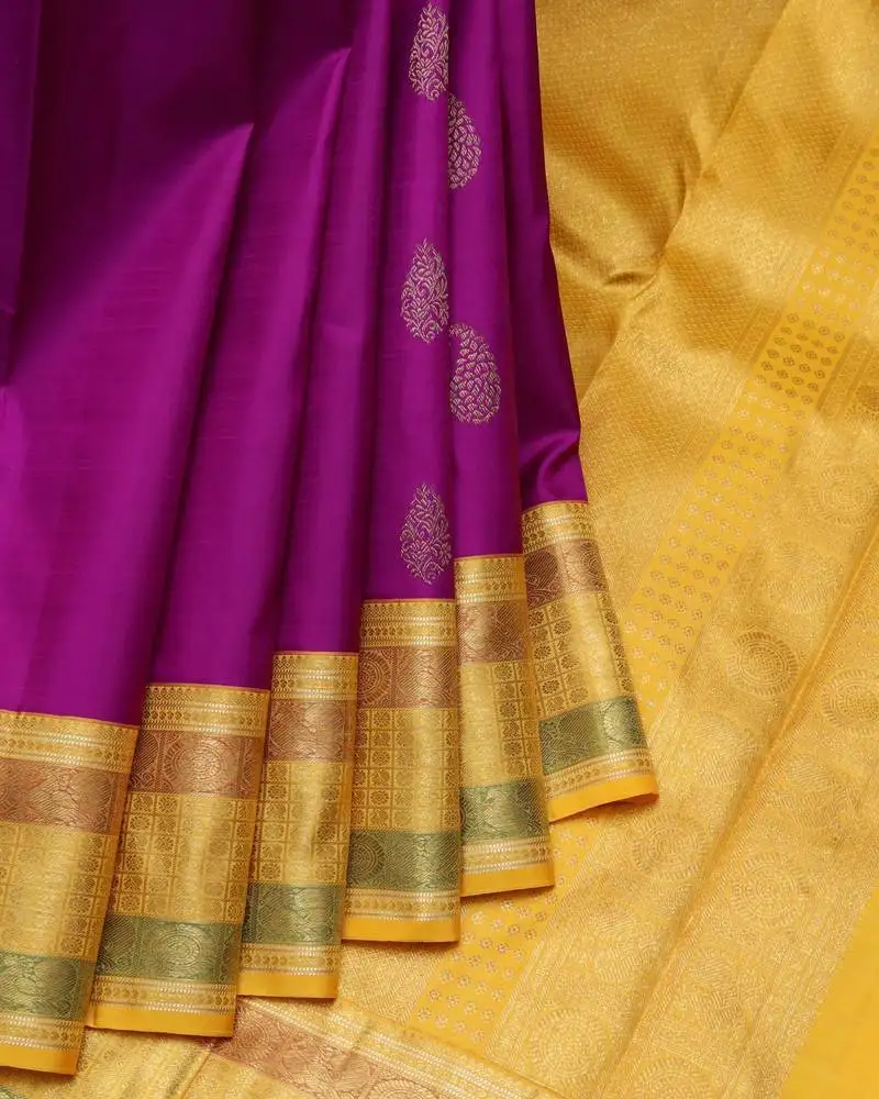 Purple and yellow pure zari silk saree with silk mark certified