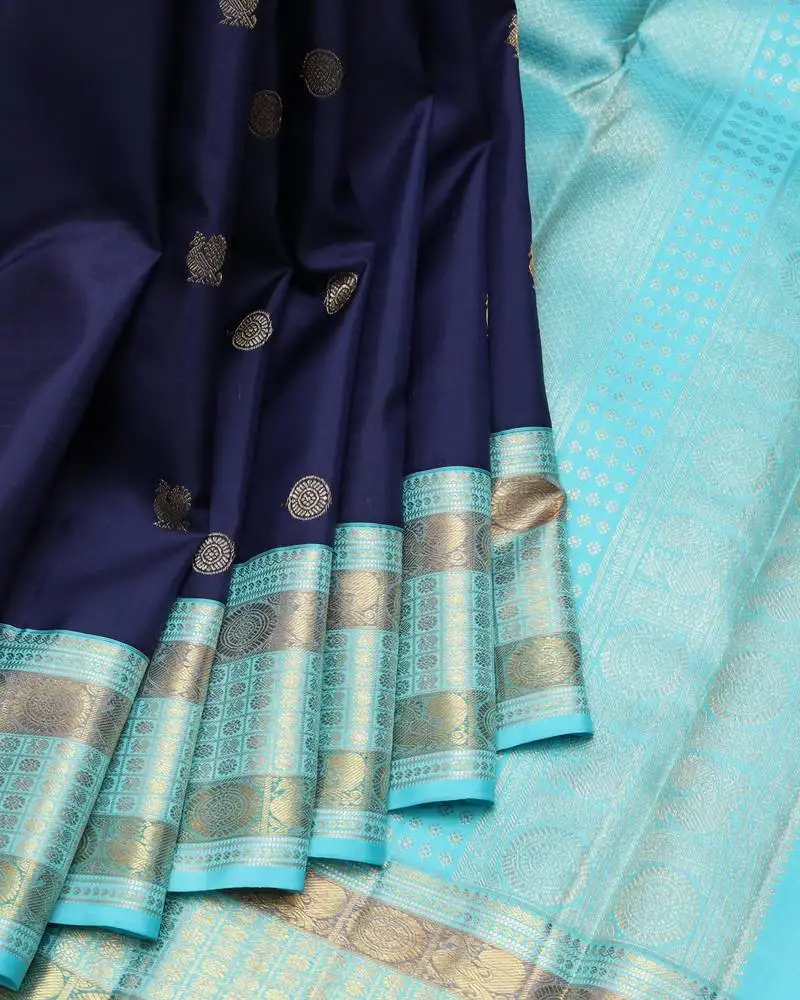 Navy blue pure zari silk saree with silk mark certified