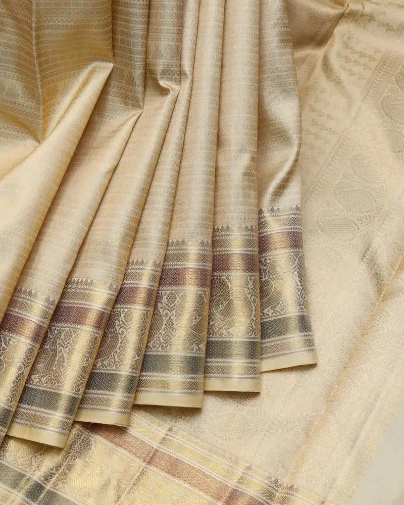 Beige bridal pure zari silk saree with silk mark certified
