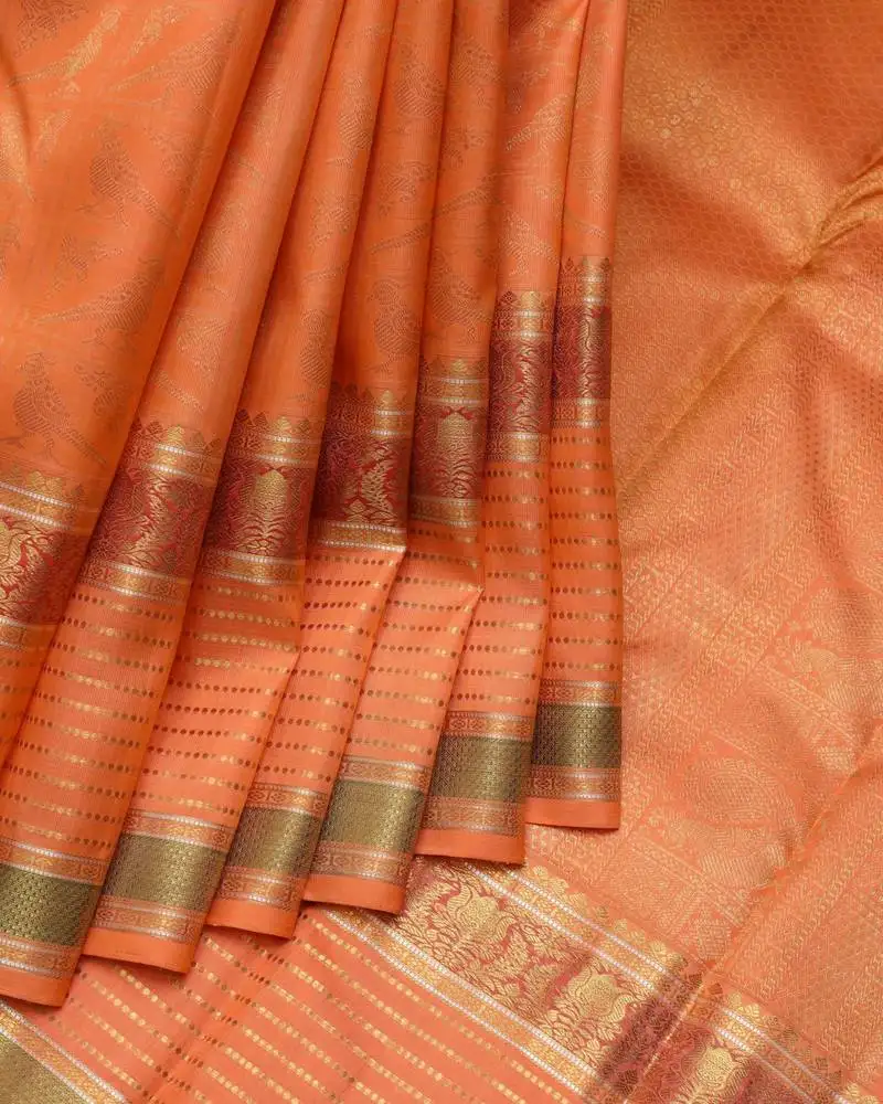 Orange and red pure zari silk saree with silk mark certified