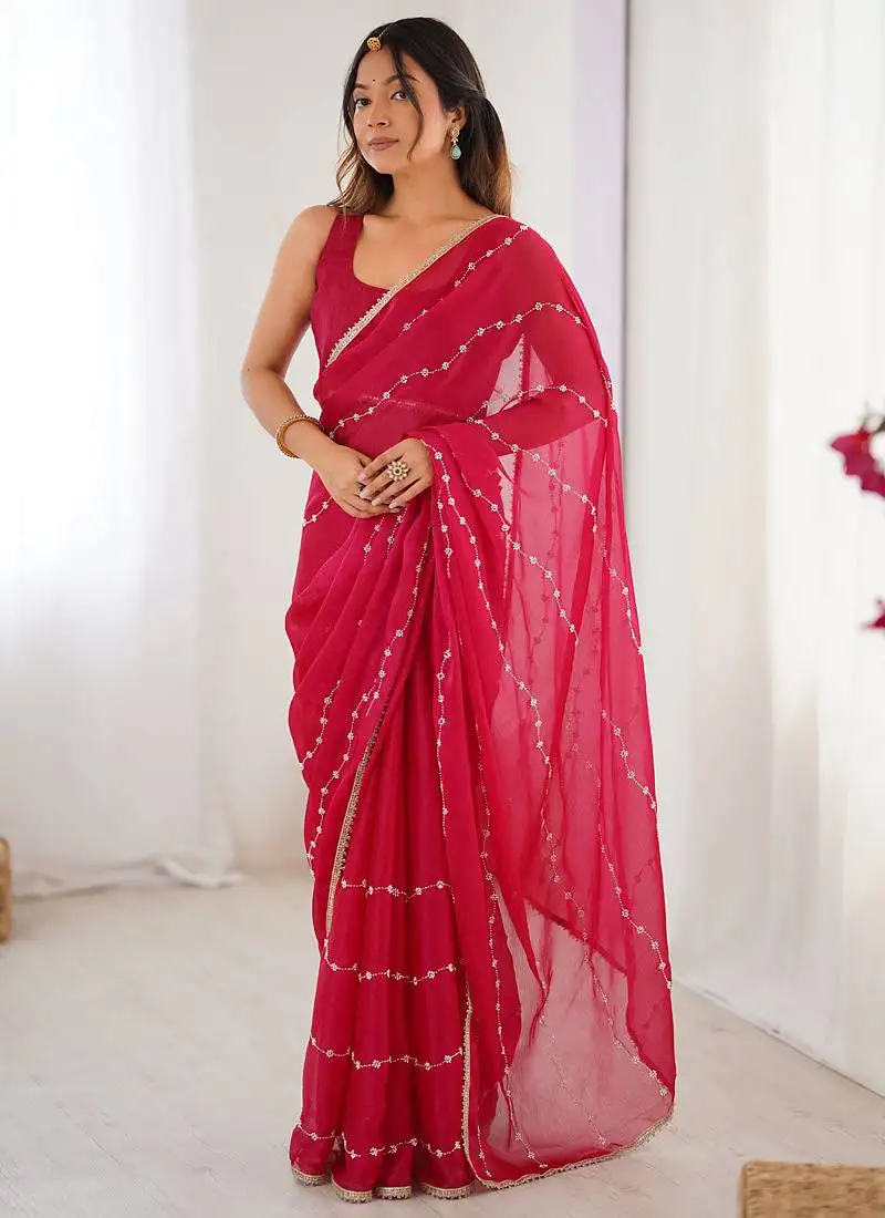 Pink chiffon lace work party wear saree