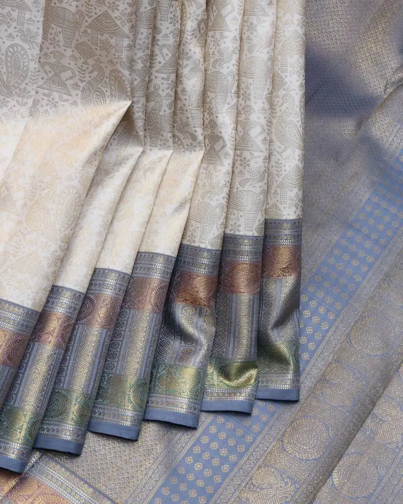 Off white and grey pure zari kanjivaram silk saree with silk mark certified