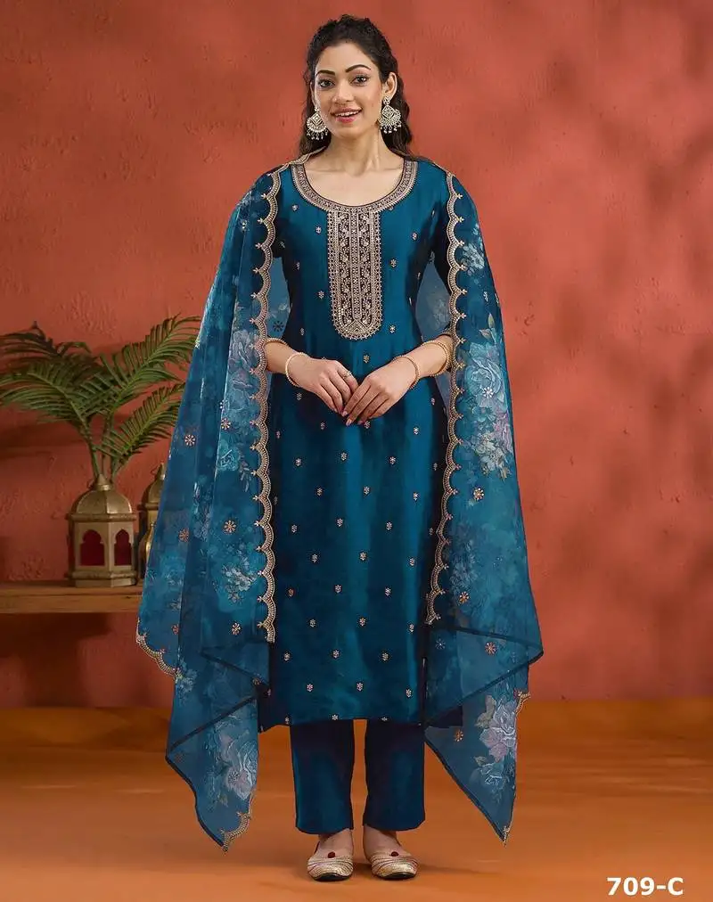 Peacock silk semi stitched wedding suits