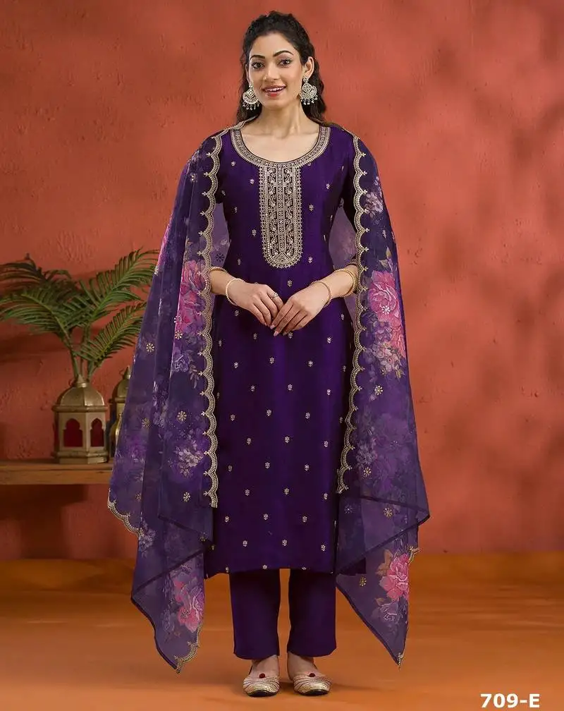 Indigo blue silk semi stitched wedding suits
