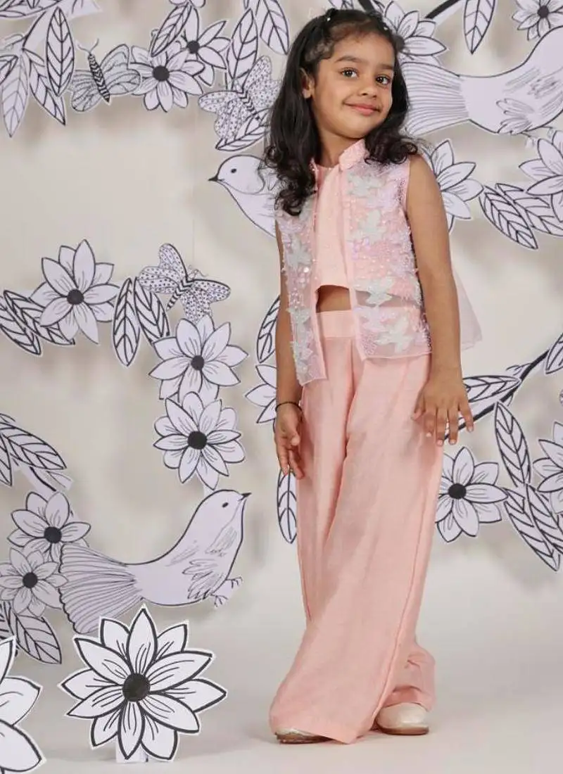 Peach petal girls festive set embroidered coord with palazzo & jacket