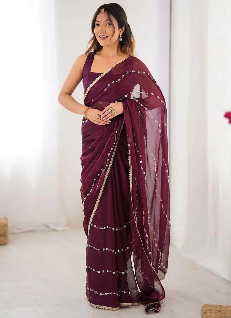 Wine chiffon lace work party wear saree