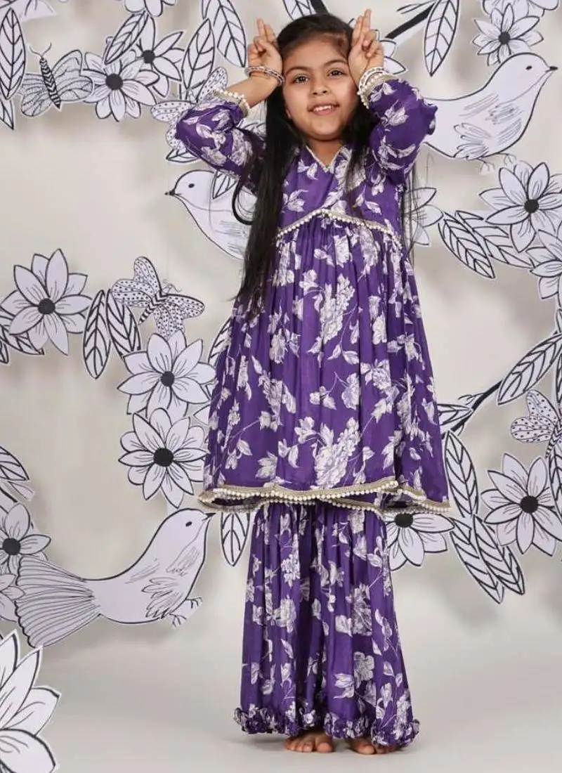 Purple petal girls sharara set floral kurta with ruffle pants