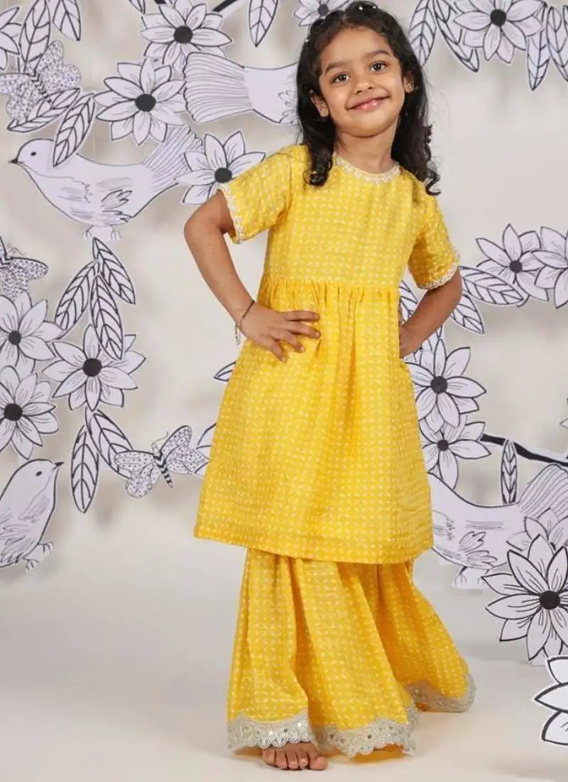 Sunshine sparkle girls sharara set yellow printed festive wear