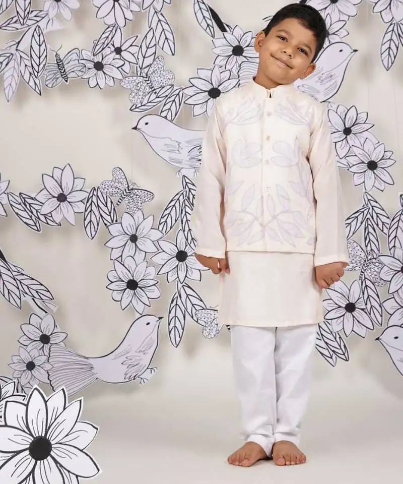 Pastel leaf boys jacket set light pink kurta with leaf embroidery