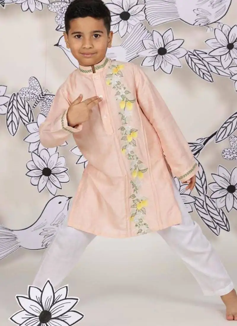 Sunset bloom boys kurta set peach & lemon with festive embroidery