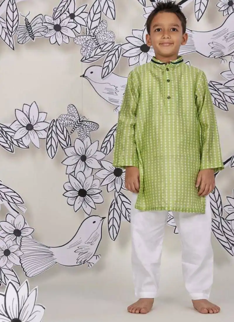 Lime blossom boys kurta set green floral print with piped collar