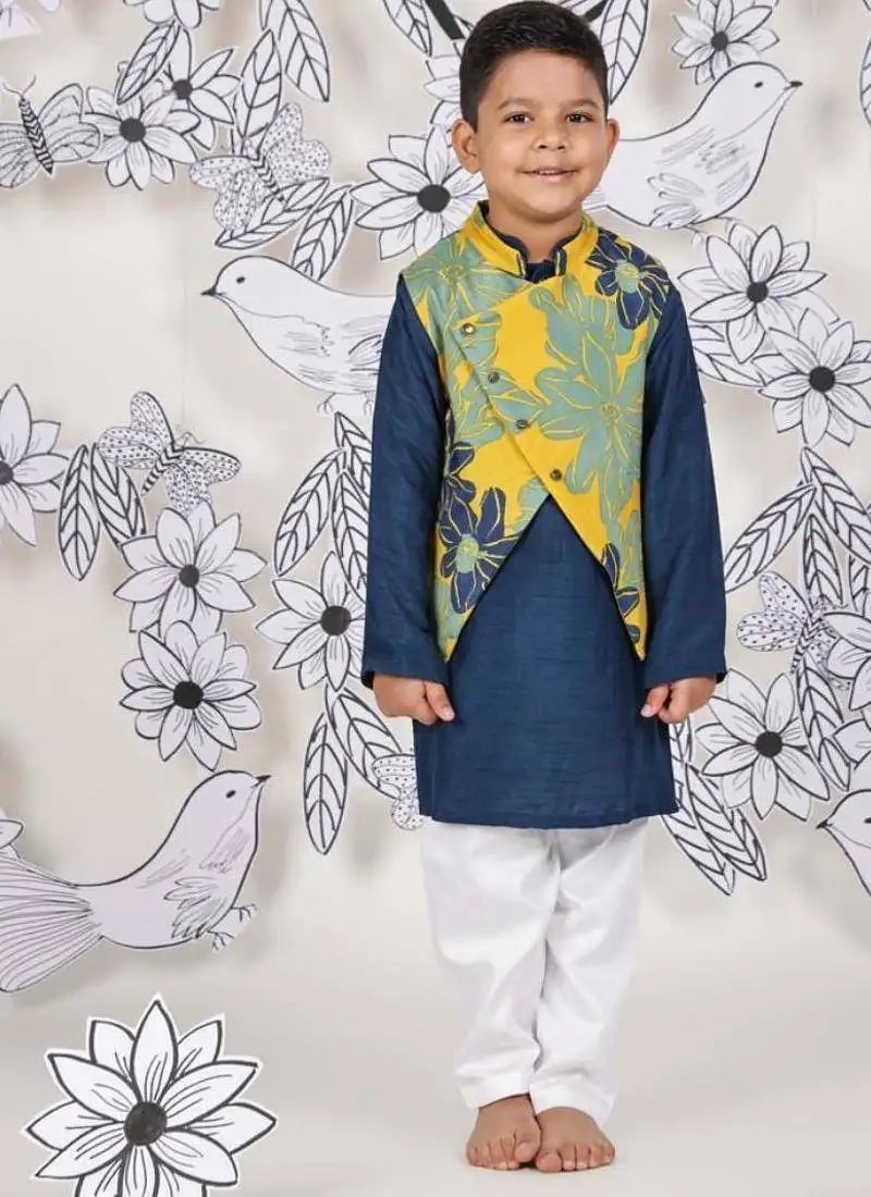 Tropical bloom boys jacket set yellow floral nehru jacket with navy kurta