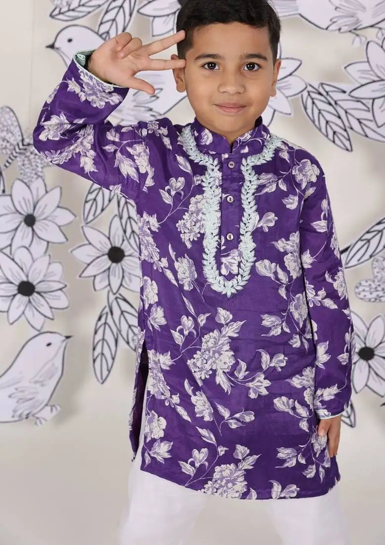 Mint contrast boys  kurta set royal purple floral & embroidery