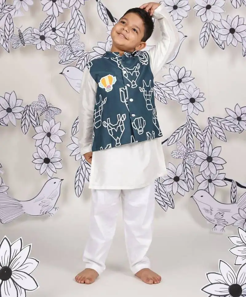 Teal tribe boys nehru jacket set tribal print over kurta pajama