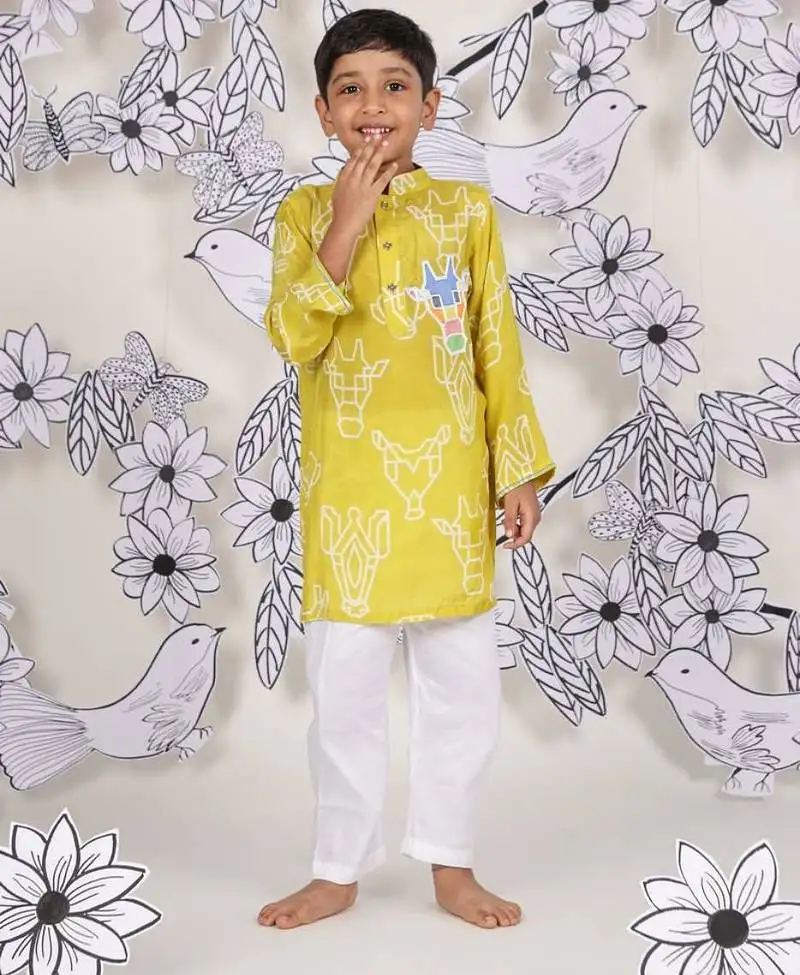 Safari safari boys kurta set mustard animal print with patchwork