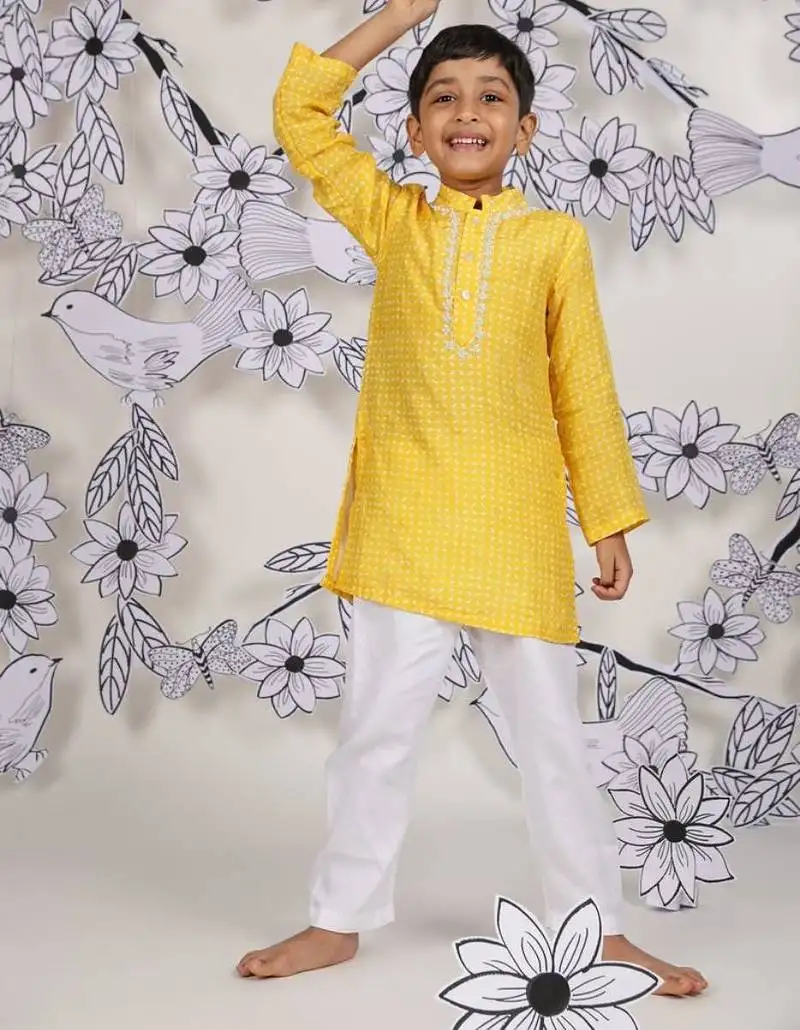 Sunshine spark boys kurta yellow geometric print with white pajama
